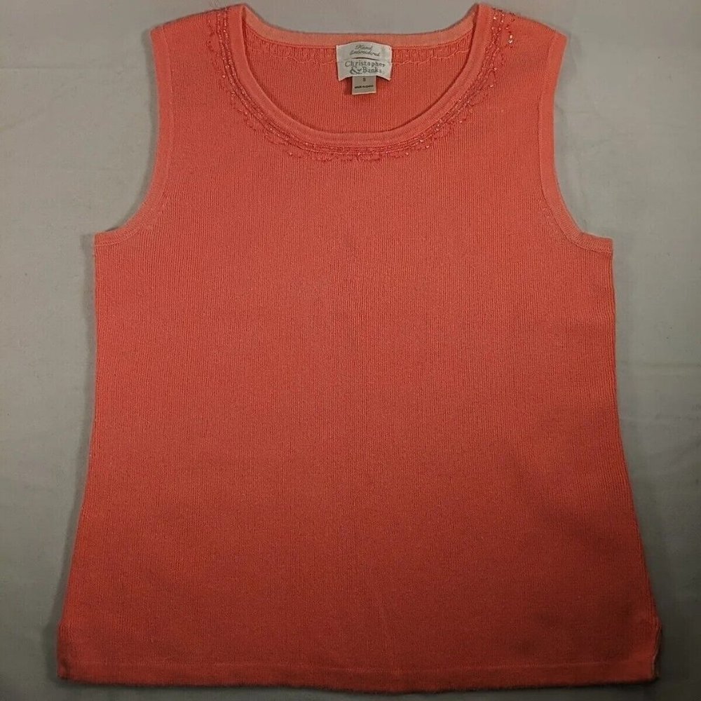 Christopher & Banks Hand Embroidered Beaded Pink Knit Tank Top Shirt Small S